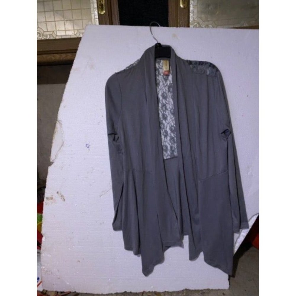 Cardigan No Boundaries waterfall open knit grey sweater size XL lace back - Picture 7 of 8